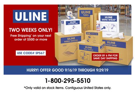 Uline has Over 41,000 items in stock and available for same day shipping. . Free shipping code for uline